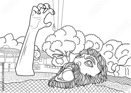 Dream World Bangkok Surreal Line Art Illustration, Black and white line art illustration capturing elements from Dream World amusement park in Bangkok, Thailand. Features a giant hand holding a ride 