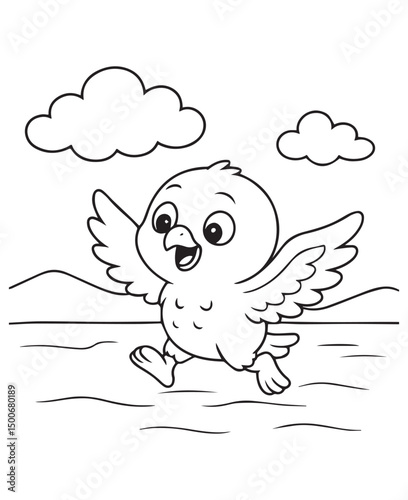 Coloring book baby eagle joyfully running with its wings spread