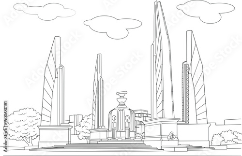 Line Drawing of Democracy Monument in Bangkok, A minimalist line art illustration of the Democracy Monument, a historical landmark located in Bangkok, Thailand. The drawing captures the iconic 