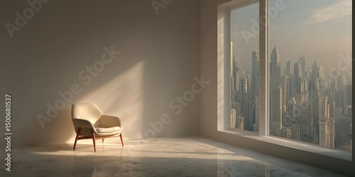 interior space with armchair near large window overlooking city skyline at daytime, sunny warm mood