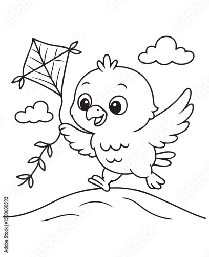 Coloring book A cheerful baby eagle joyfully running with a kite