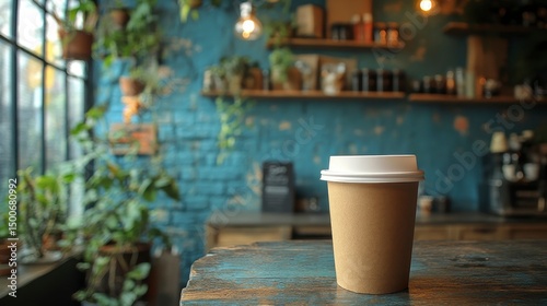Coffee cup sits in cafe against blue wall and hanging plants