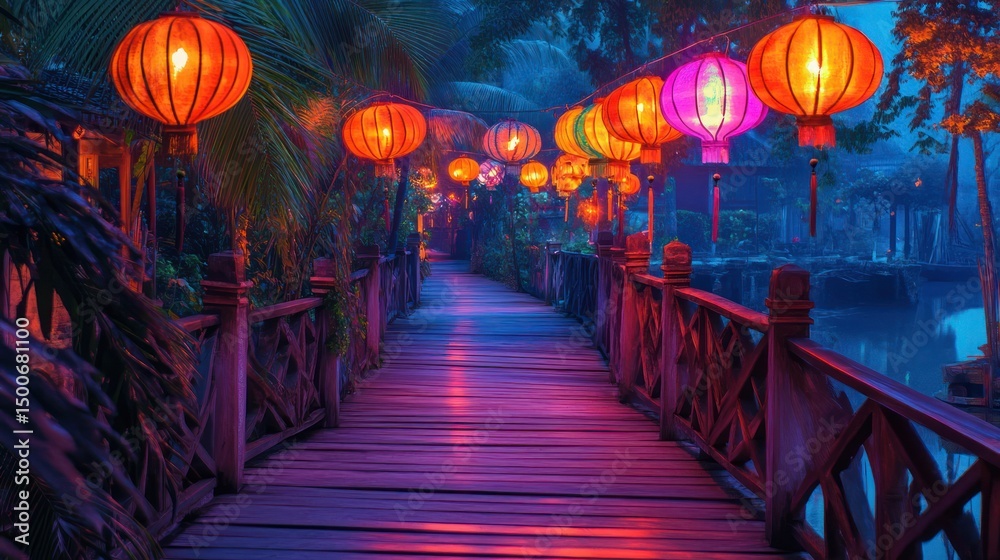 Wooden bridge path at twilight, illuminated by colorful lanterns. Lush tropical vegetation surrounds