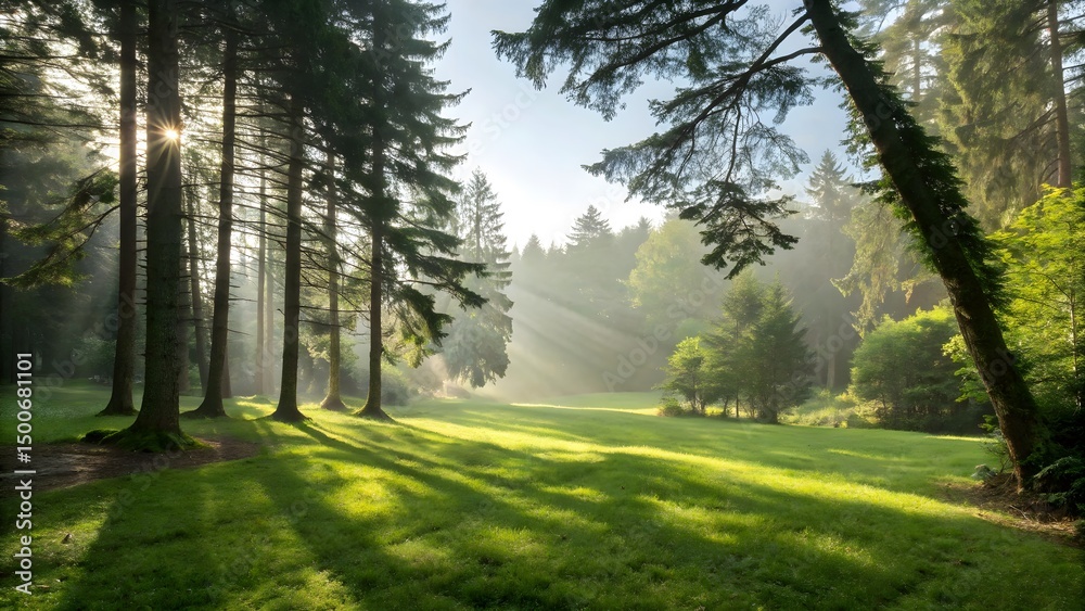 Obraz premium A tranquil forest clearing bathed in dappled sunlight, highlighting the natural beauty and calmness of the woodland environment.