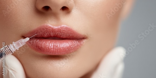 Caucasian woman getting lip filler injection for augmentation and beauty enhancement procedure