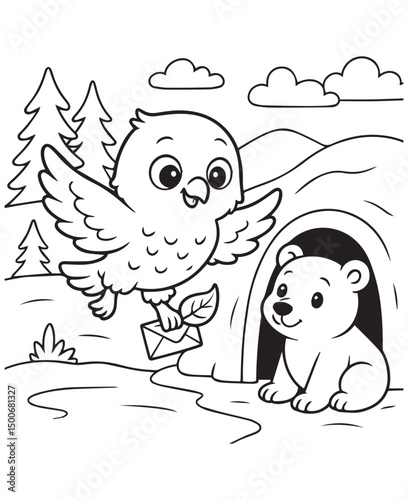 Coloring book baby eagle delivers a letter to a friendly bear peeking from its den in a charming forest scene