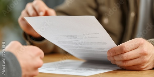 Adult male hands passing or giving a paper document over a desk, close up view, detail shot