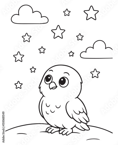Coloring book baby eagle gazes up at a sky full of stars and fluffy clouds.