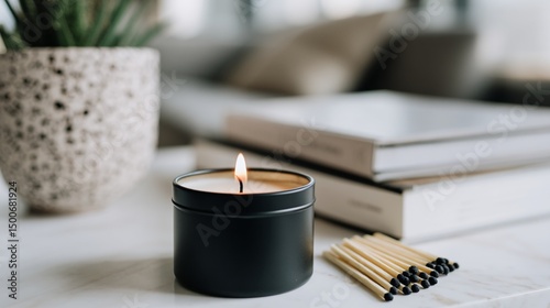 Lit candle in black tin, beige wax, on marble surface near matches and books, showcasing calm, relaxation, and ambiance