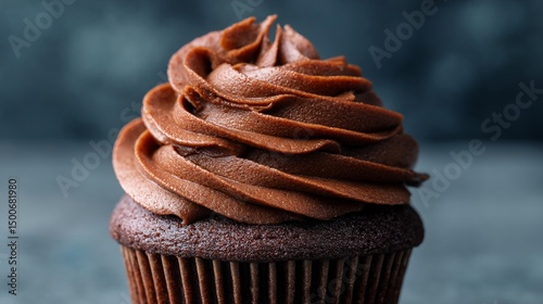 Close-up of chocolate cupcake with swirls of chocolate frosting, showcasing rich brown texture and decadent appearance, symbolizing indulgence and sweetness