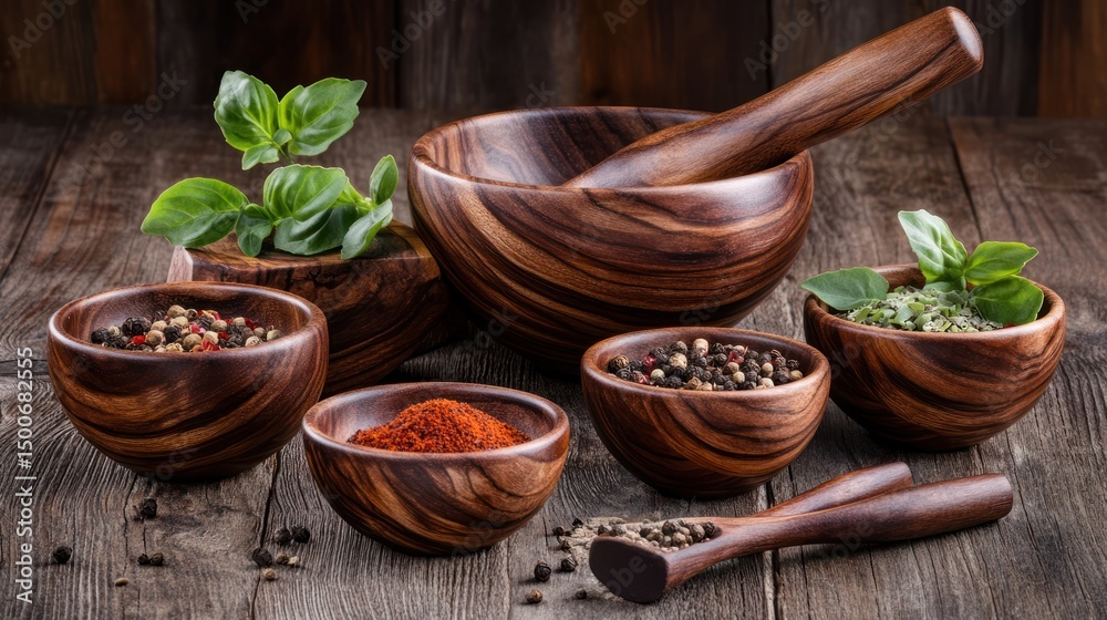 Wooden bowls with spices and herbs on a rustic wooden table. Fresh herbs, various spices, and wooden bowls arranged in a still life presentation