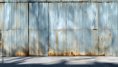 Rusted corrugated metal wall on a paved surface.