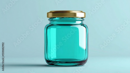 Teal glass jar with gold lid on light-blue background, showcasing product mockup, ideal for branding or advertising, clean and minimalist design