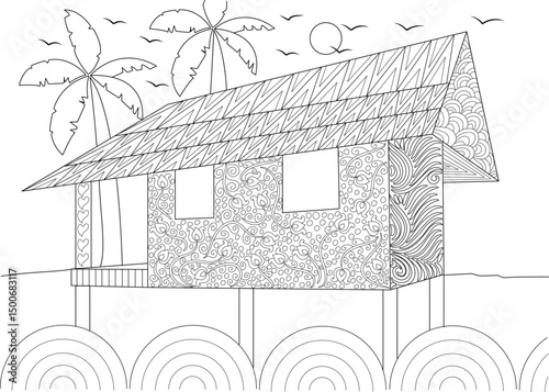 Tropical Beach House Line Art for Coloring, Detailed black and white line drawing of a stilt beach house featuring intricate patterns on the walls and roof. The scene includes palm trees, birds in 
