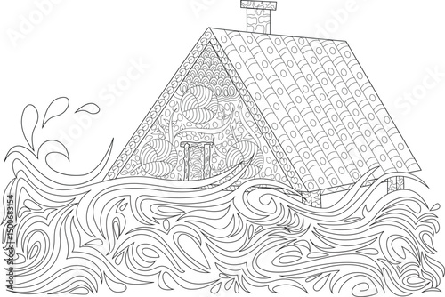 Stylized Beach House Engulfed by Waves Line Art, Black and white line drawing of an intricately decorated house being surrounded by dynamic, stylized waves. This abstract illustration depicts the 