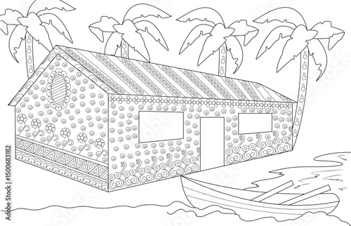 Ornate Tropical Beach House Line Art for Coloring, Detailed black and white line art illustration of a tropical beach house with intricate decorative patterns, palm trees, a boat, and the ocean, 