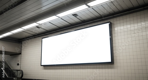 rectangular white billboard in underground metro station