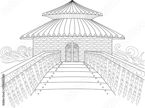 Fantasy Temple Bridge Line Art, Black and white line art illustration of an ornate temple-like structure situated on a decorative bridge over stylized water. Detailed drawing suitable for coloring 