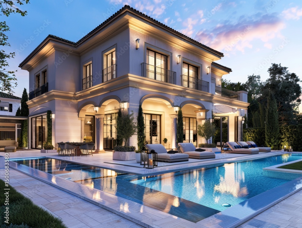 A luxurious private villa with an impressive pool captured during the enchanting hour of dusk, radiating exclusivity A luxurious private villa with an impressive pool captured during the enchanting hour of dusk, radiating exclusivity