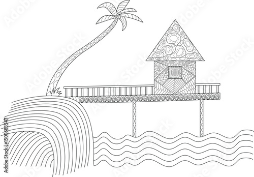 Tropical Beach House Line Art Illustration, Detailed line art illustration of a tropical beach house on stilts over water, featuring a palm tree and abstract waves. Designed with intricate patterns, 