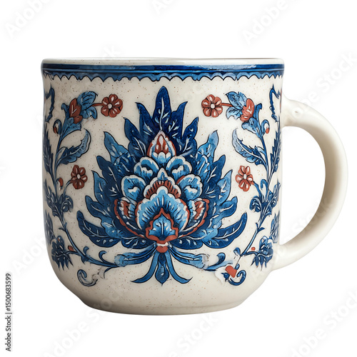 graphic showcase png dicut transparent Elegant ceramic mug with intricate floral design in blue and white tones.