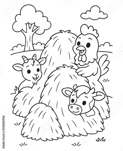 Coloring book rooster, goat, and cow around hay bales. Perfect for children's coloring books