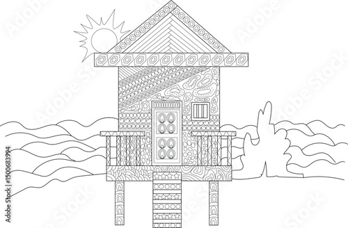 Detailed Line Art of a Beach House on Stilts, Black and white line drawing of a tropical beach house on stilts over the water. Features intricate, abstract patterns and textures within the 