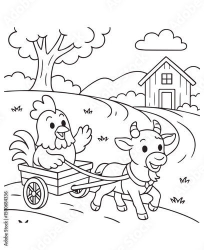 Coloring book rooster takes a joyride in a cart pulled by a happy goat on the farm