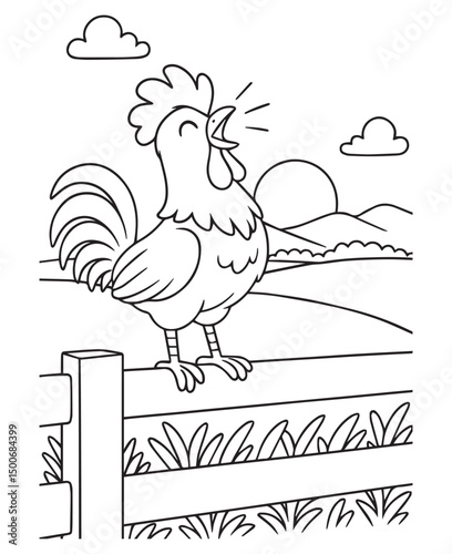 Coloring book rooster crows a loud "cock-a-doodle-doo!" as the sun rises over the farm