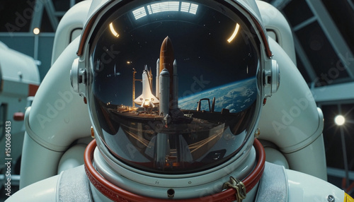Astronaut gazing at rocket launch reflected in helmet in space center  