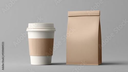 White coffee cup with beige sleeve beside a beige paper bag on gray background Mockup for branding, design, or advertisement
