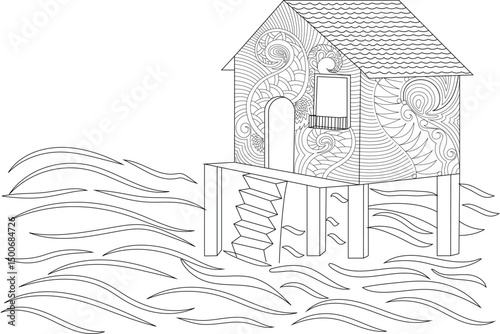 Stylized Beach House Line Art Illustration, Intricate black and white line art illustration of a beach house on stilts with decorative patterns, surrounded by stylized waves. Ideal for coloring 