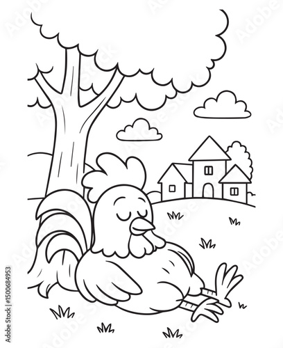 Coloring book rooster enjoys a peaceful nap under a shady tree on the farm