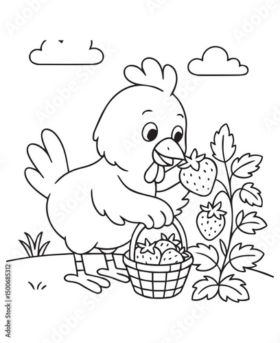 Coloring book rooster picks ripe strawberries in a garden, filling his basket.