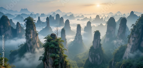A fantasy-like panoramic view of the towering quartz-sandstone pillars of Zhangjiajie. Morning mist curls around the spires, with hints of sunlight breaking through, creating a surreal.