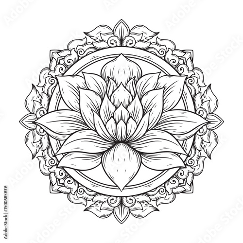 illustration art black and white hand drawn lotus flower and engraving ornamnet tattoo and t-shirt design