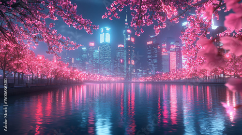 Fototapeta Naklejka Na Ścianę i Meble -  Fantasy Japanese night view city citycape, neon light, residential skyscraper buildings, pink cherry sakura tree. Night urban anime fantasy