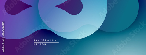 Abstract background features flowing shapes, gradients. Blues, purples dominate design, creating modern aesthetic. Smooth transitions present.