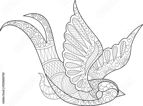Decorative Flying Bird Line Art for Coloring, Black and white line art illustration of a flying bird (swallow or similar) with intricate zentangle and mandala-inspired patterns. Ideal for coloring 