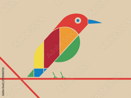 A vividly colored bird perches gracefully on a minimalist red branch, composed of clean geometric shapes in bold hues—red, yellow, green, orange, blue. Its modern, abstract design radiates energy