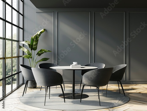 Modern Interior Design Featuring a Stylish Meeting Space With Round Table and Cozy Chairs in Natural Light