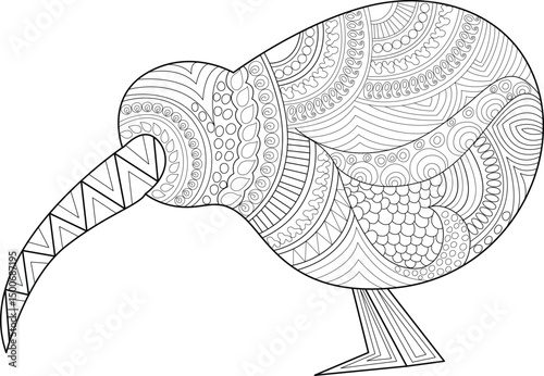 Intricate Zentangle Kiwi Bird for Coloring, A detailed line drawing of a kiwi bird filled with intricate patterns, perfect for adult coloring books, relaxation, or art therapy. Features a black and 