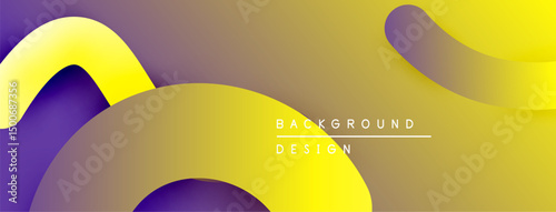 Abstract fluid shapes, vibrant yellow, purple gradients. Modern design, smooth curves create dynamic composition. Background texture visible.