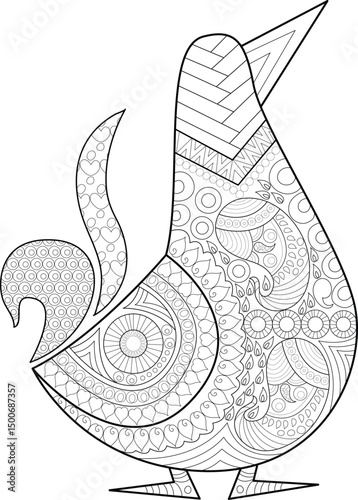 Abstract Zentangle Bird Illustration for Coloring Book, Intricate black and white line art drawing of a stylized bird with detailed zentangle and mandala patterns. Perfect for adult coloring books, 