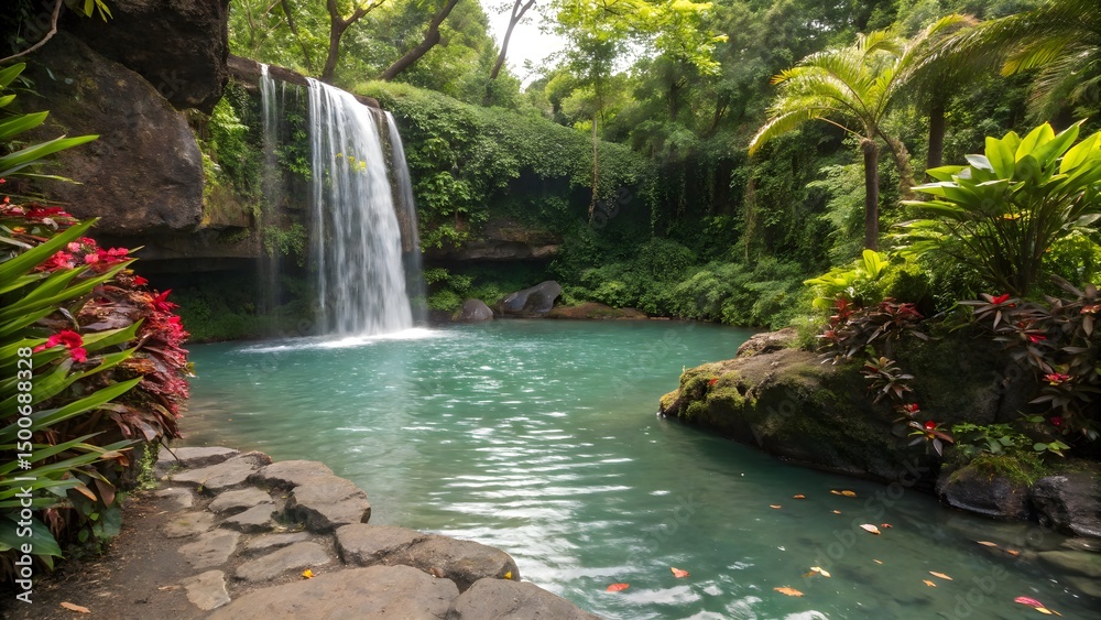 Naklejka premium A gentle waterfall flows into a pristine pool, encircled by lush green foliage, embodying tranquility and natural beauty.