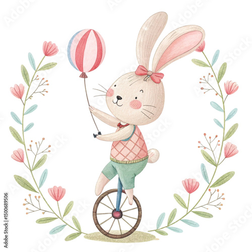 Cute Bunny Play all kinds of sports Minimal White Background Clipart Watercolor	