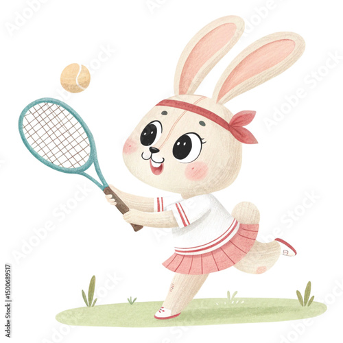 Cute Bunny Play all kinds of sports Minimal White Background Clipart Watercolor	