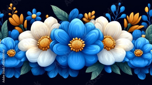 Blossom Border: A floral border of blue, white, and golden blossoms. A design perfect for adding a touch of beauty.