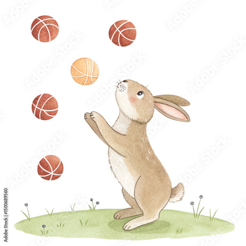 Cute Bunny Play all kinds of sports Minimal White Background Clipart Watercolor	