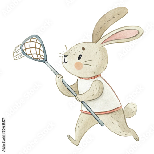 Cute Bunny Play all kinds of sports Minimal White Background Clipart Watercolor	